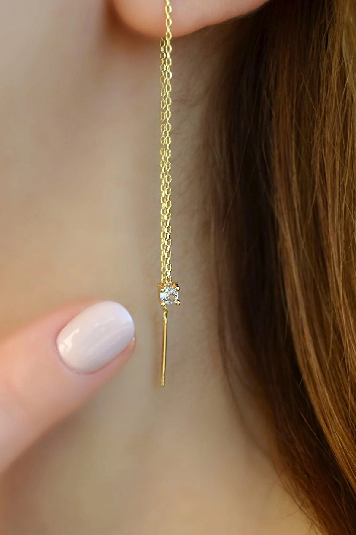 3 mm Tektaşlı Uzun Zincir Küpe Geçmeli Dolanan Zincirli Küpe