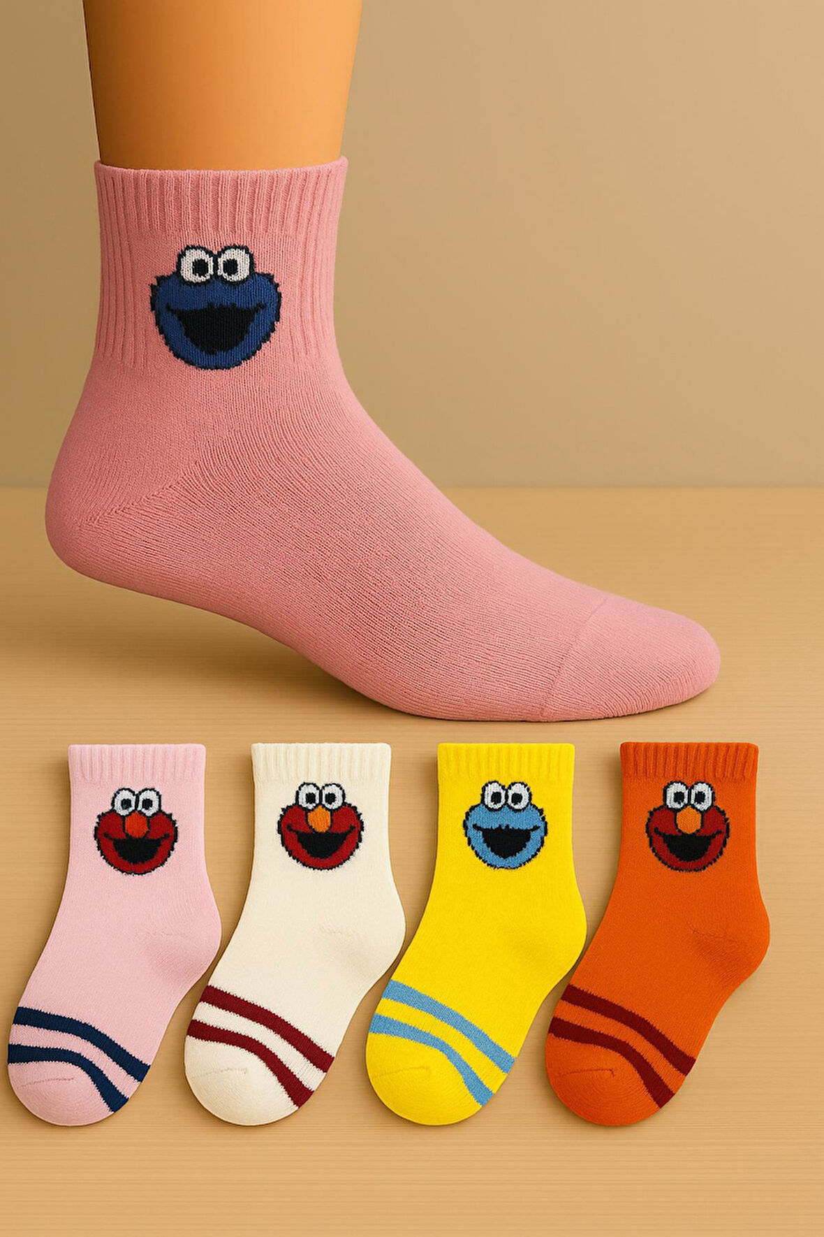 4 Çift Burun Dikişsiz Kurabiye Canavarı Desenli Kız Çocuk Soket