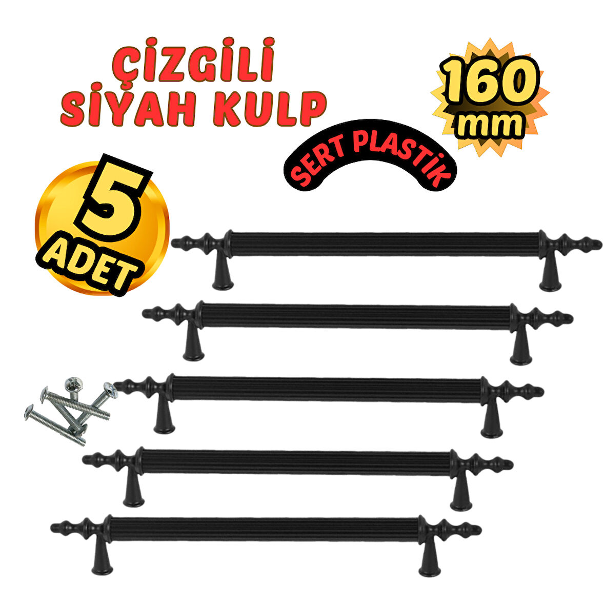 Çizgili Siyah Plastik Mobilya Kulpu 160mm – 5’li