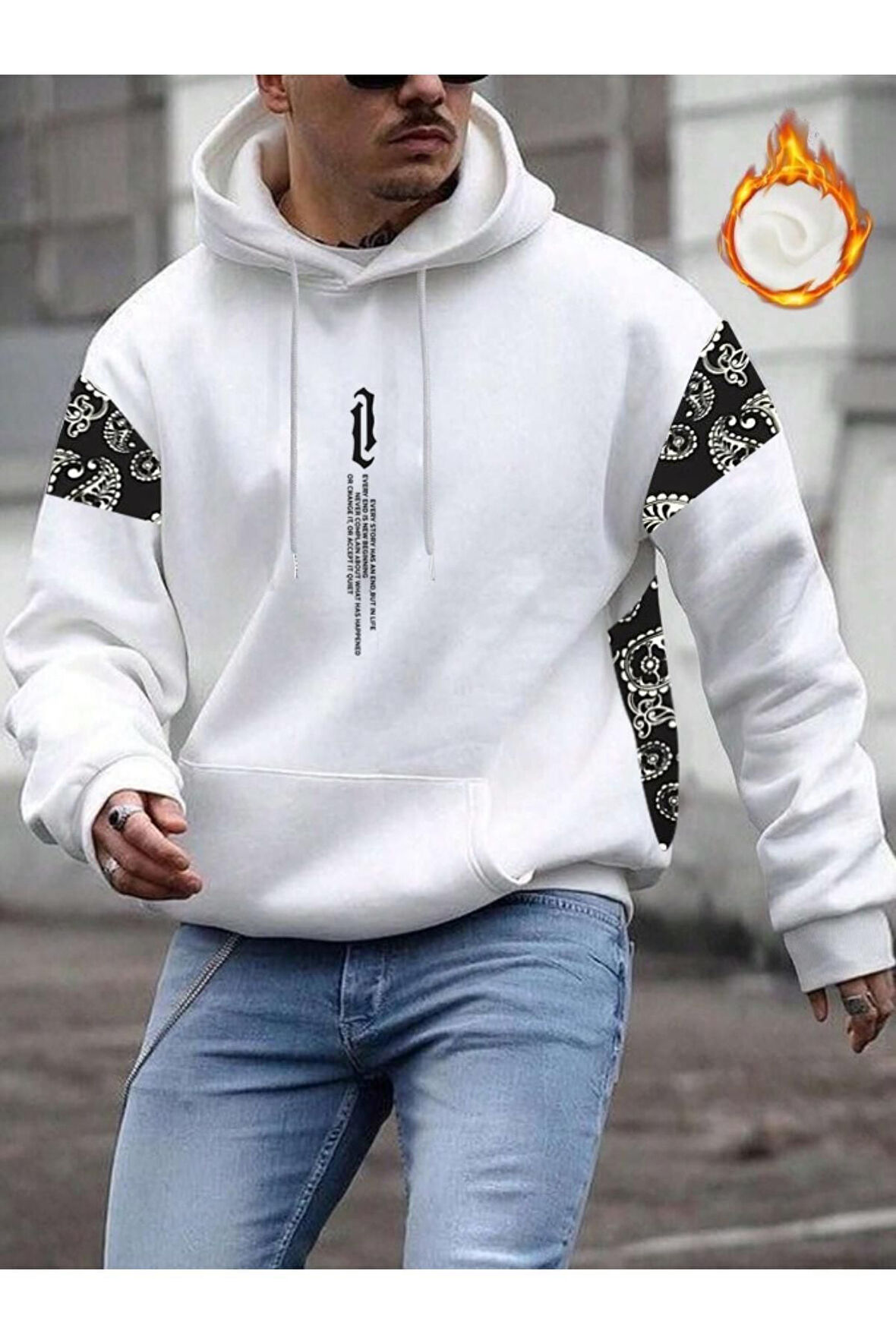 Erkek Dikey Baskılı Desenli Oversize Kapşonlu Sweatshirt