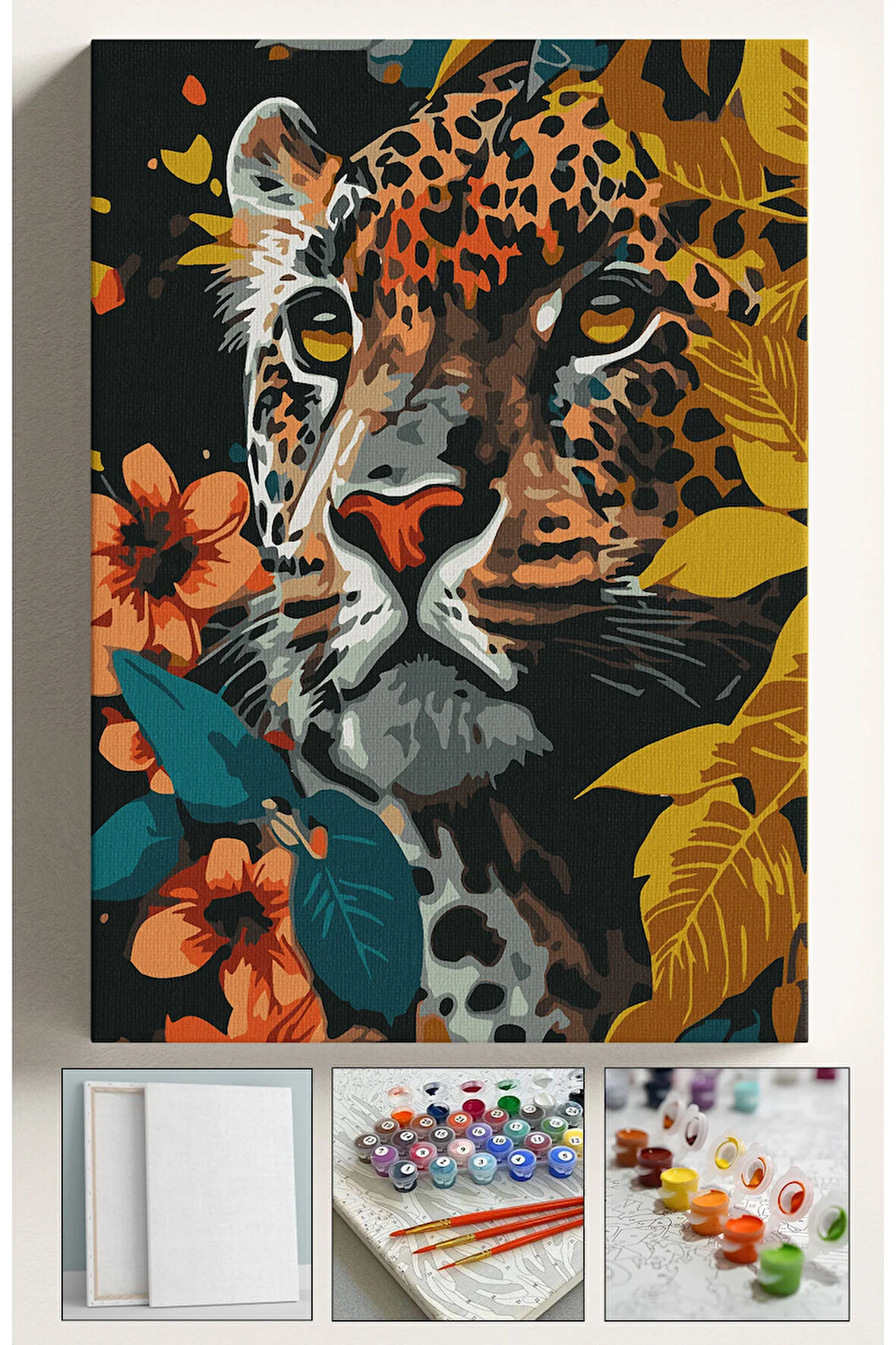 Sayılarla Boyama Seti Numaralı Tuval Fırça Boya 40x50 Cm Yapraklar İçinde Leopar