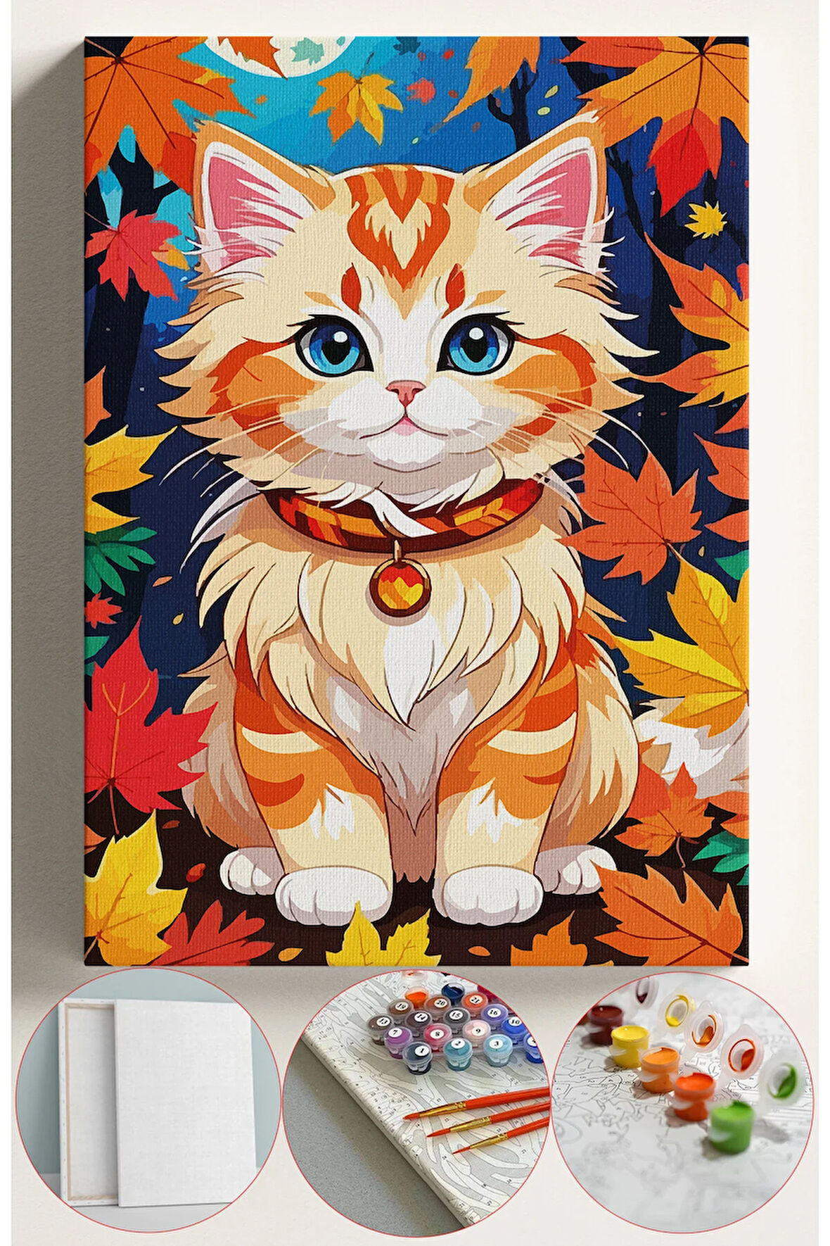 Sayılarla Boyama Seti Numaralı Tuval Fırça Boya 40x50 Cm - YAPRAKLI KEDİ