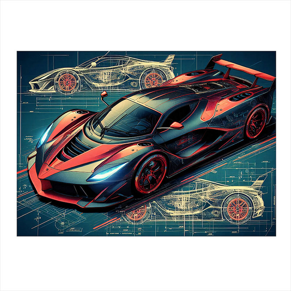 Kırmızı Spor Araba Çizimi Model Ahşap Tablo 25cmX 35cm