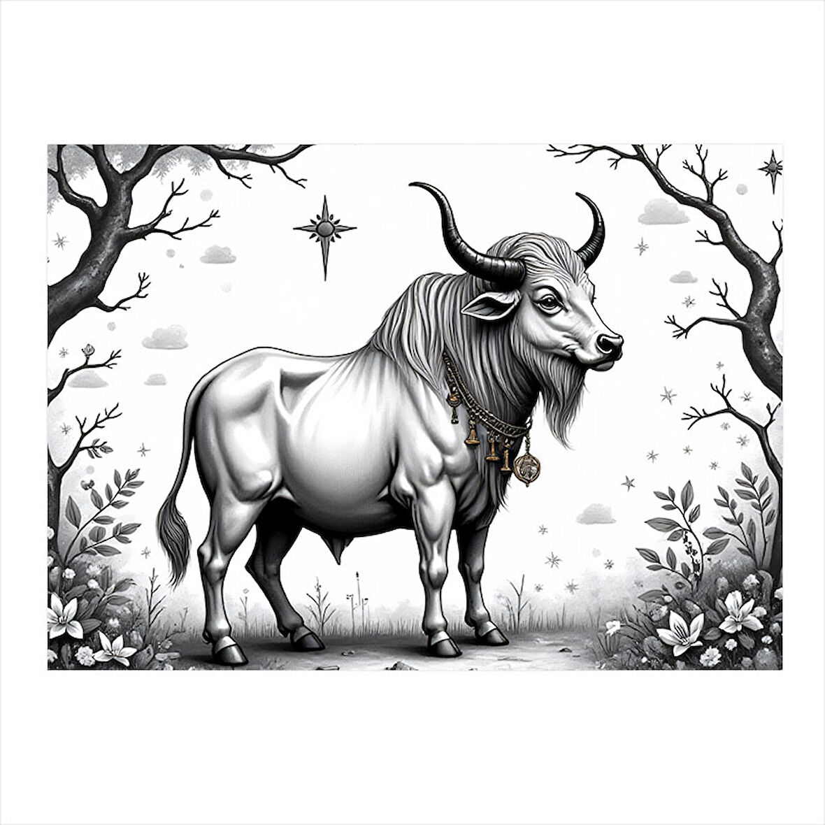 Siyah Beyaz Boğa Figürü Desenli Ahşap Tablo 25cmX 35cm