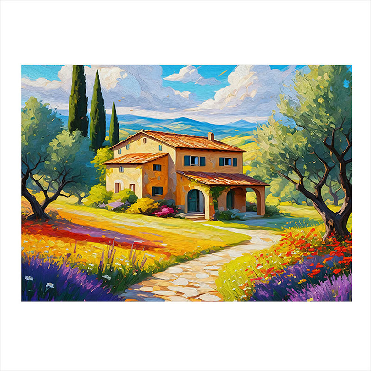 Bahar Çiçekleri Ve Villa Desenli Mdf Tablo 25cmX 35cm