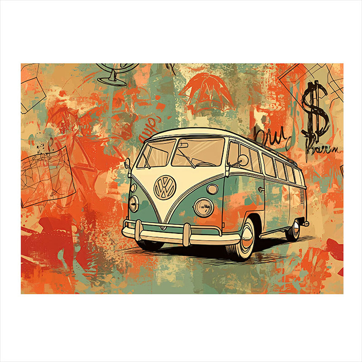 Çizgili Nostaljik Minibüs Tasarım Ahşap Tablo 35cm X50cm