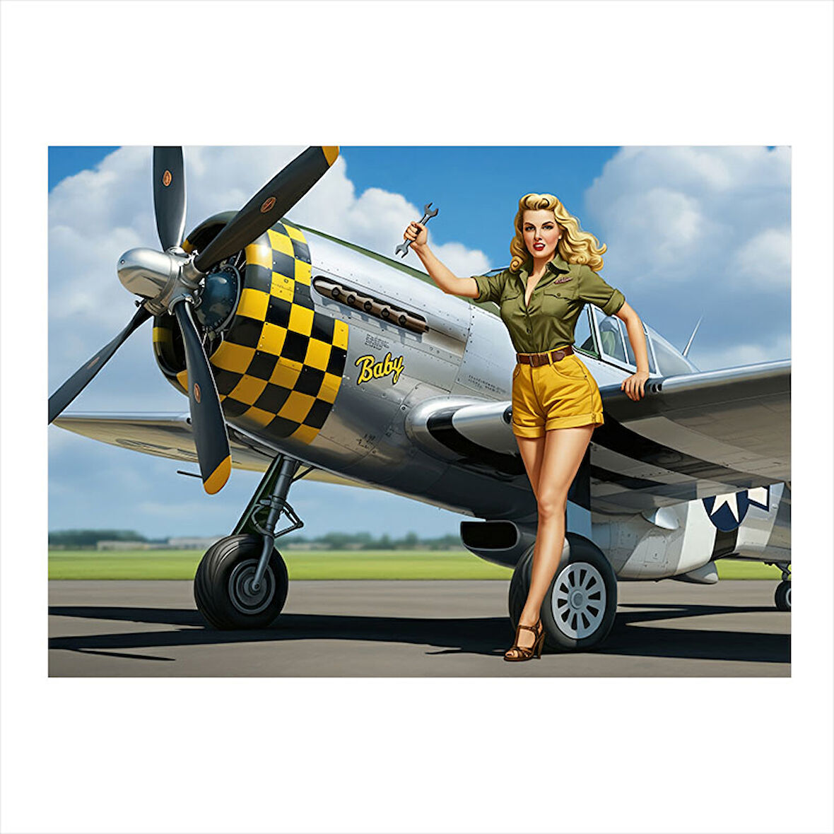 Sarı Uçak Ve Kadın Figürü Mdf Tablo 50cmX 70cm