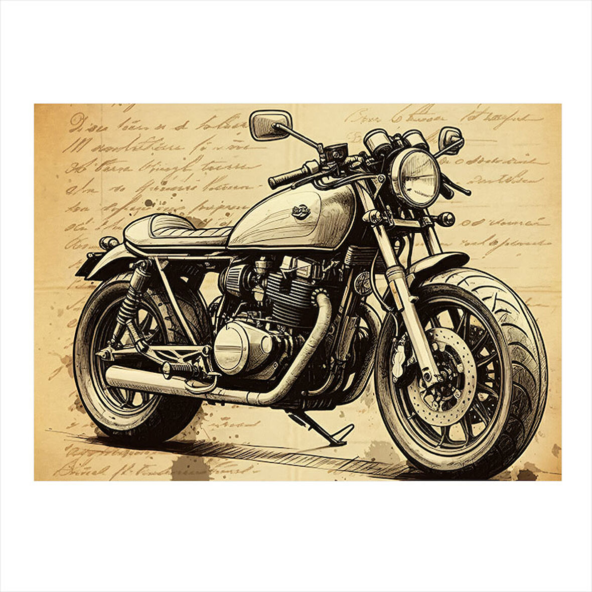 Nostaljik Motosiklet Çizimi Dekoratif ahşap Tablo 25cmX 35cm