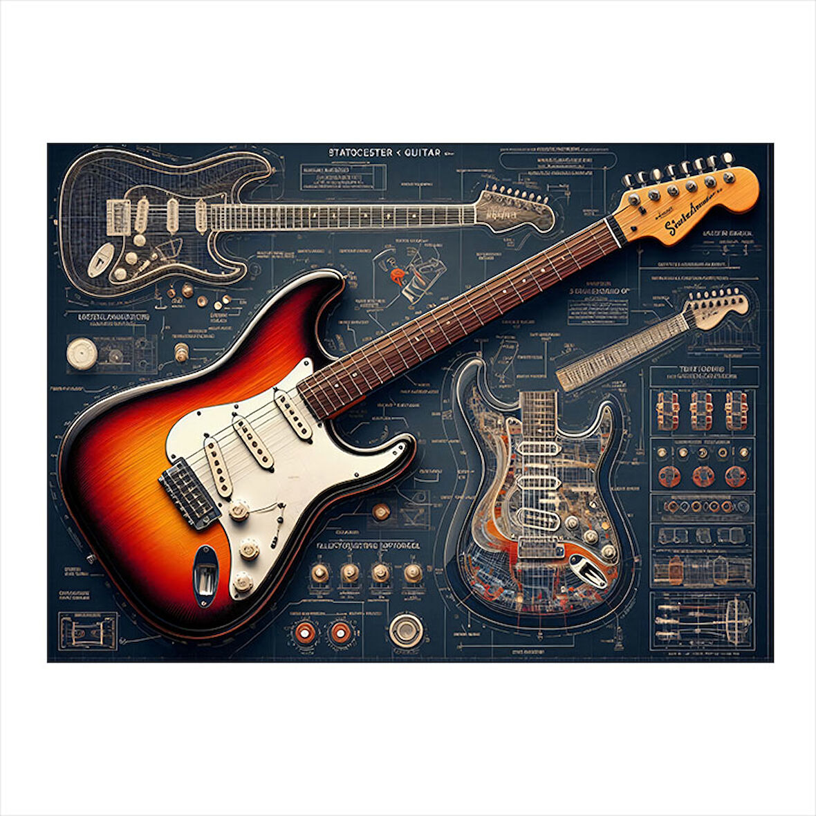 Kırmızı Elektro Gitar Planı Modern Ahşap Tablo 25cmX 35cm