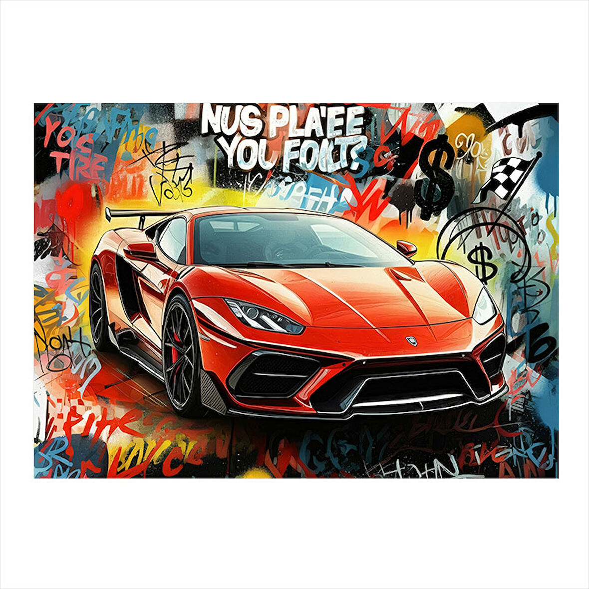 Grafitili Kırmızı Spor Araba Tasarım Mdf Tablo 25cmX 35cm