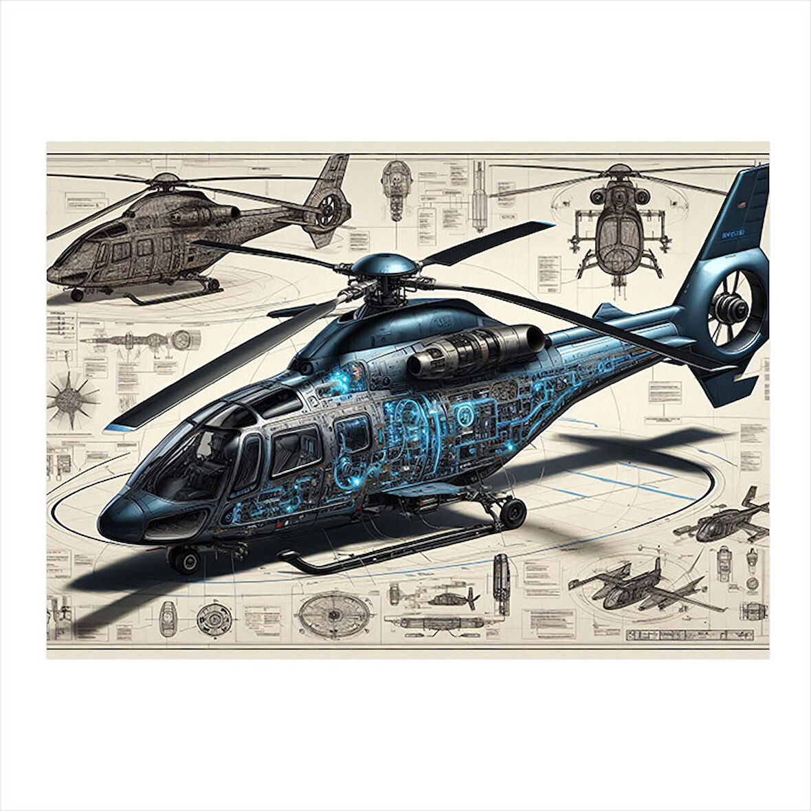 Teknik Helikopter Çizimi Desenli Ahşap Tablo 50cmX 70cm