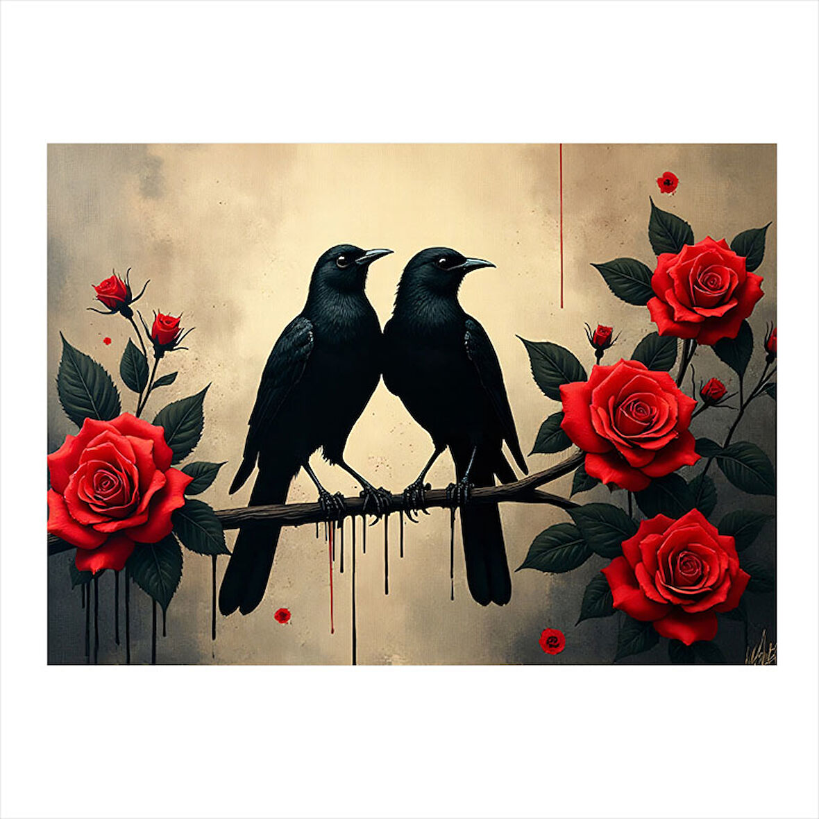 Kırmızı Güller Ve Kuşlar Tasarım Mdf Tablo 25cmX 35cm