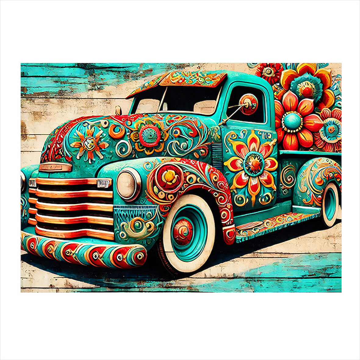 Çiçek Desenli Nostaljik Araba Modern Mdf Tablo 35cm X50cm