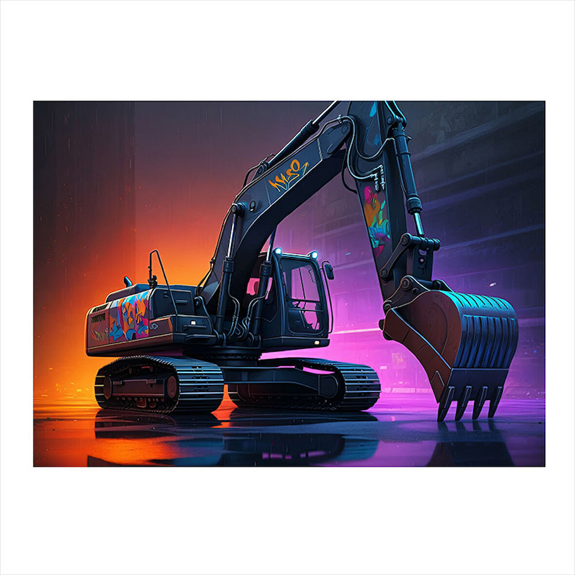Parlak Ekskavatör Çizimi Model Ahşap Tablo 25cmX 35cm