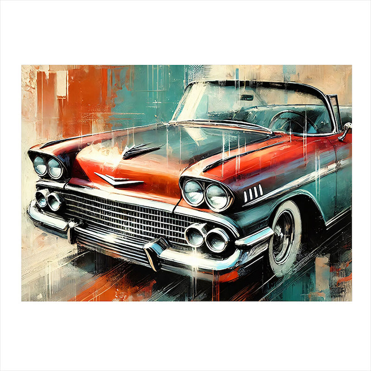 Kırmızı Klasik Araba Ön Görünüm Hediyelik Ahşap Tablo 50cmX 70cm