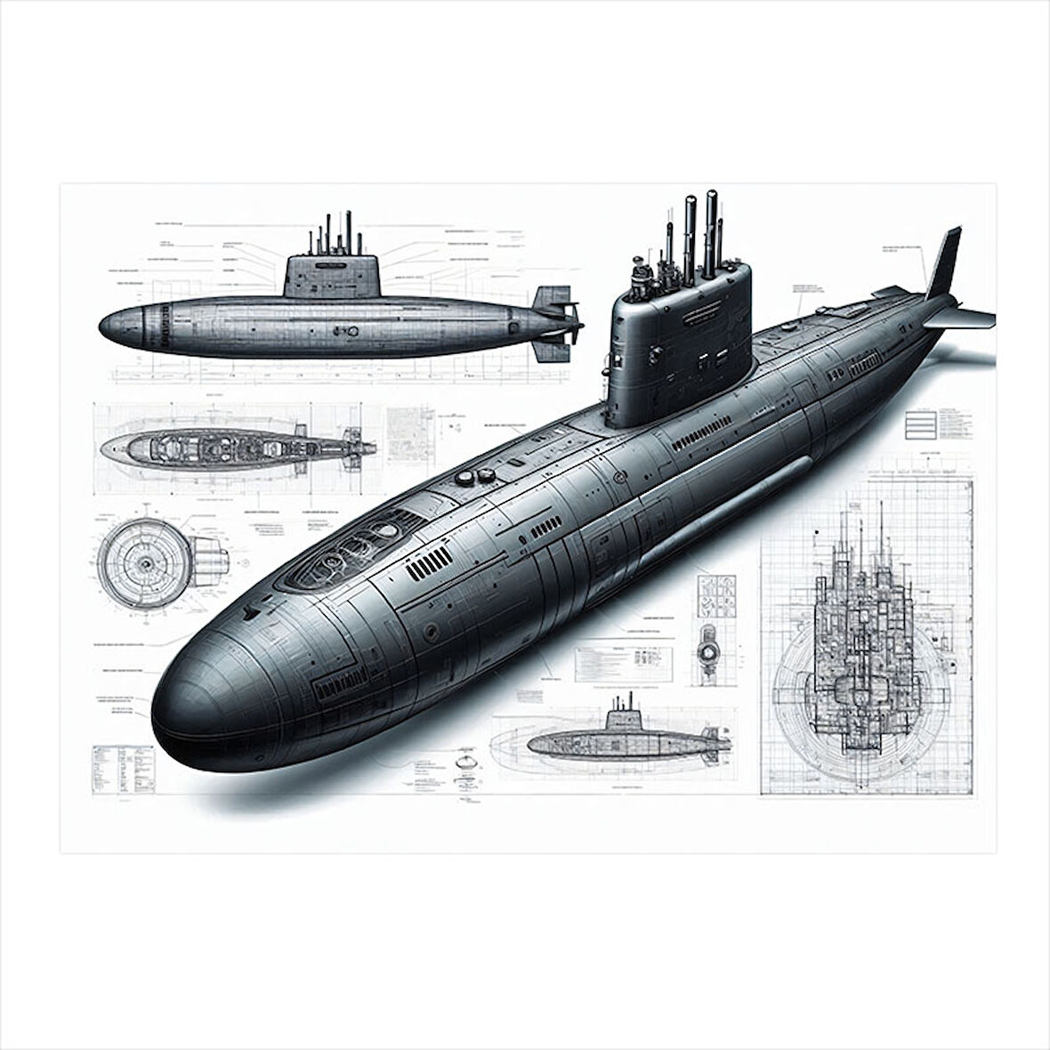 Denizaltı Teknik Çizimi Modern Mdf Tablo 50cmX 70cm