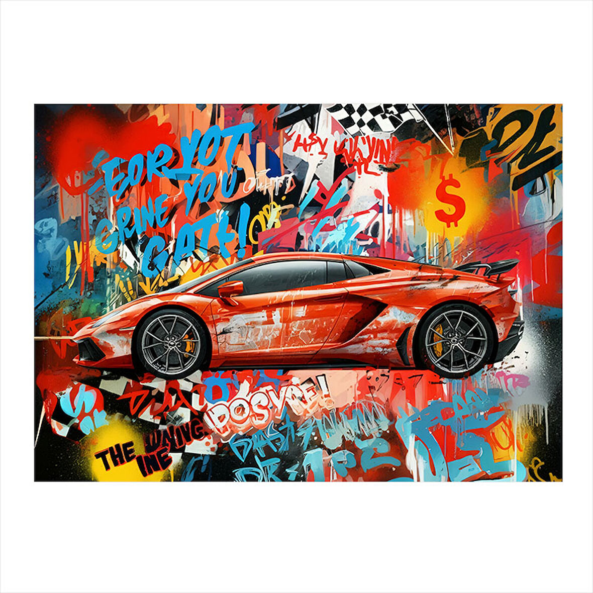 Grafitili Kırmızı Spor Araba Modern Ahşap Tablo 35cm X50cm