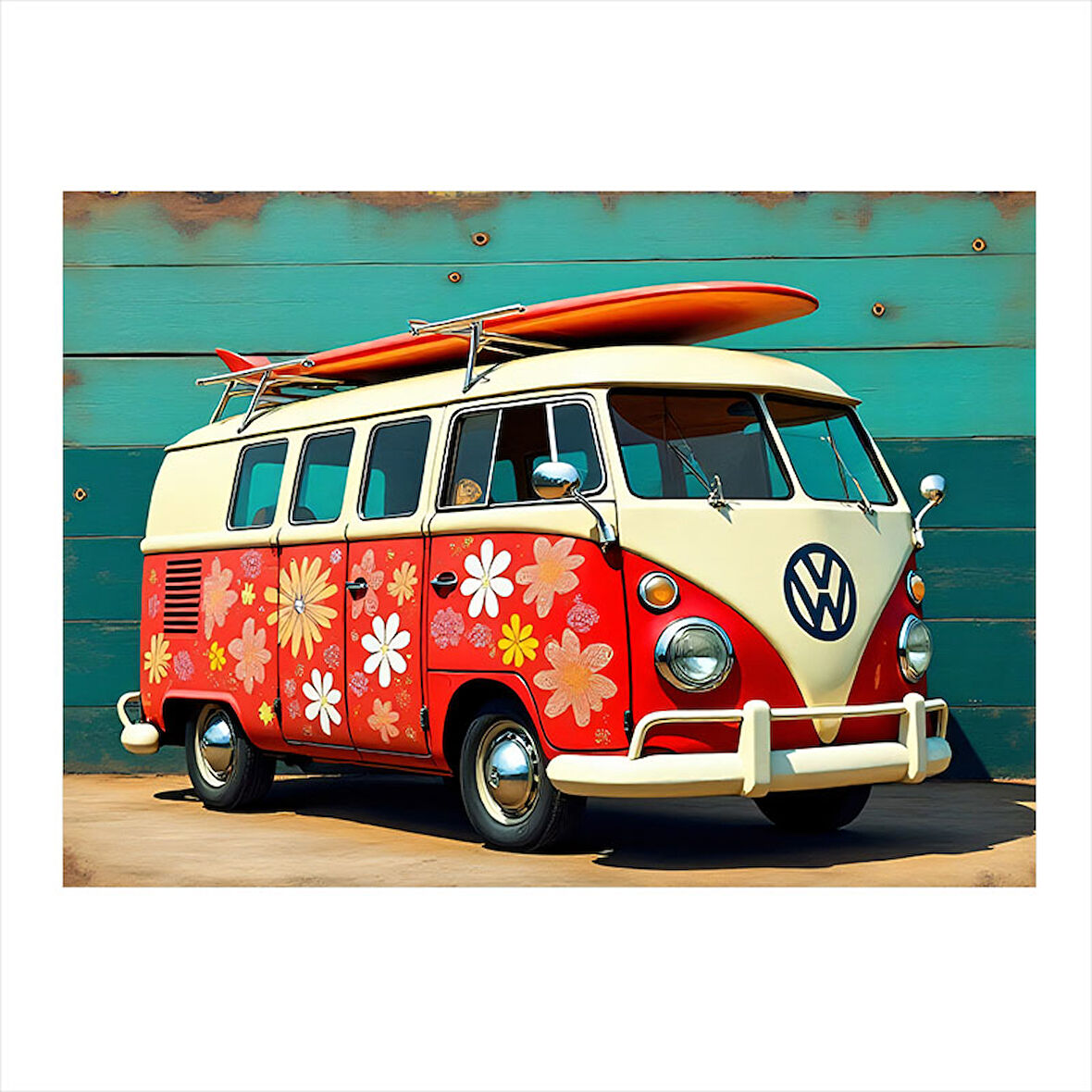 Çiçek Desenli Retro Minibüs Hediyelik Ahşap Tablo 25cmX 35cm