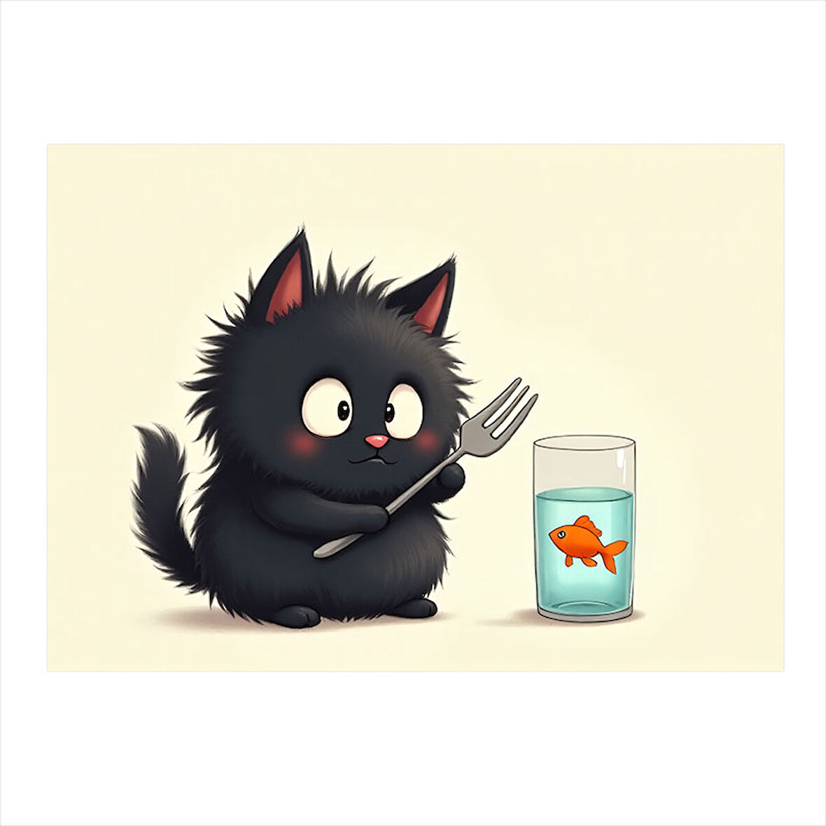 Balıkla Oynayan Kara Kedi Mdf poster 25cmX 35cm