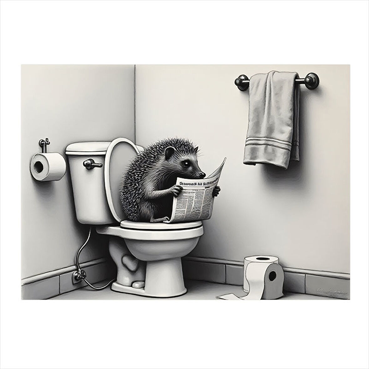 Tuvalette Oturan Kirpi Figürü Desenli Mdf Tablo 25cmX 35cm