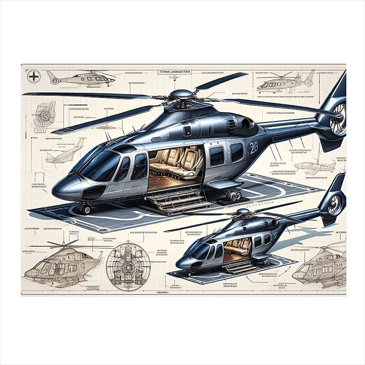 Teknik Helikopter Tasarımı Model Ahşap Tablo 25cmX 35cm