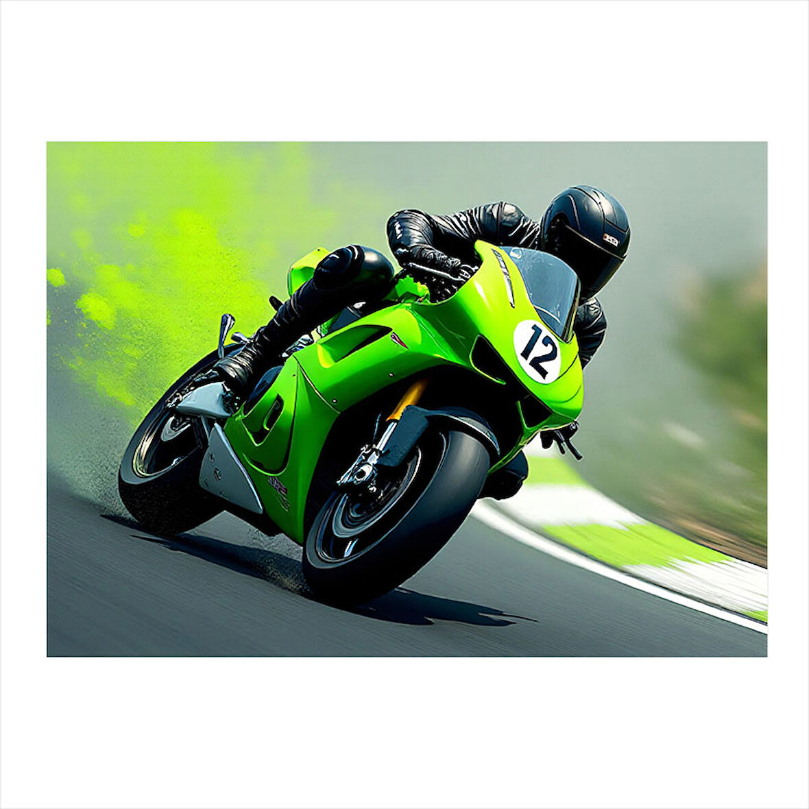 Yeşil Yarış Motosikleti Dekoratif Mdf Tablo 25cmX 35cm