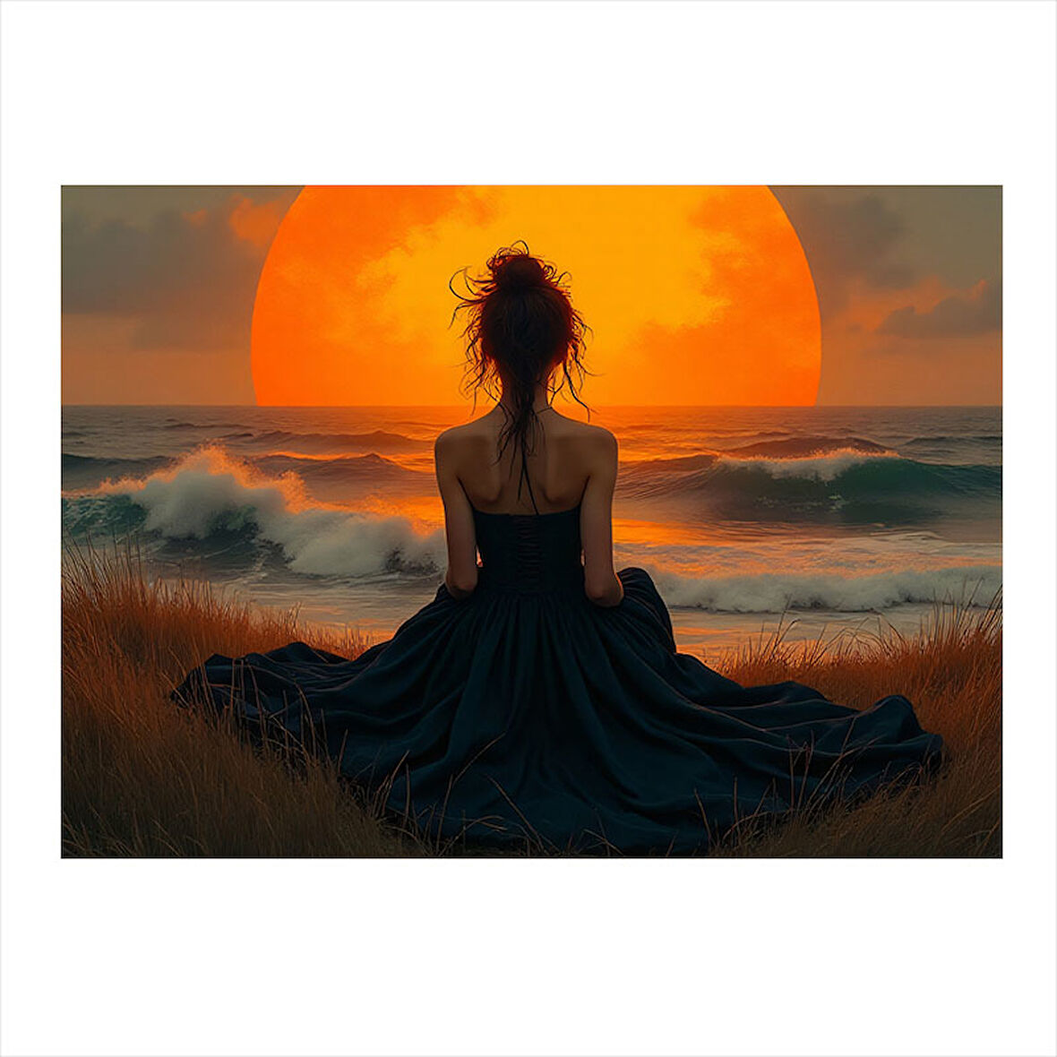 Gün Batımında Oturan Kadın Mdf poster 25cmX 35cm