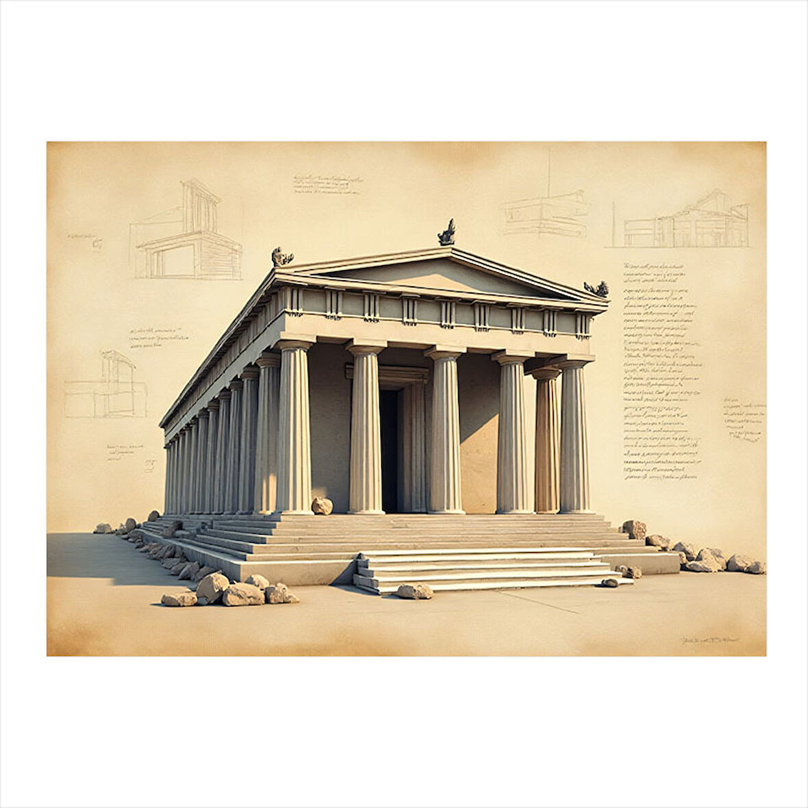 Antik Tapınak Çizimi Desenli Mdf Tablo 35cm X50cm