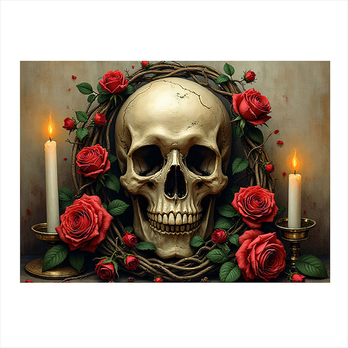Kafatası Ve Kırmızı Güller Modern Mdf Tablo 50cmX 70cm