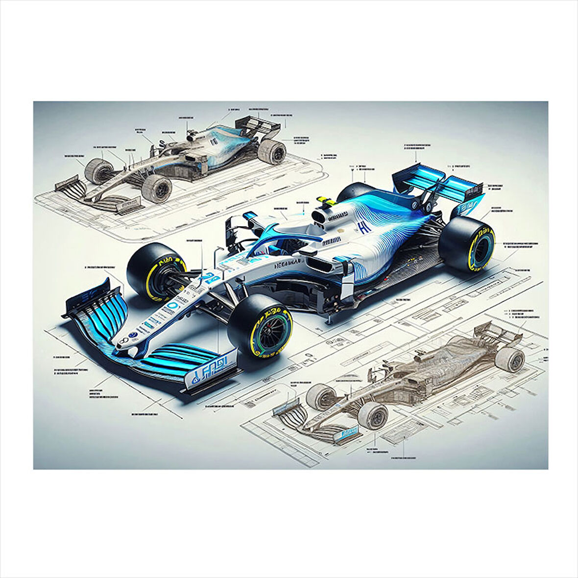 Mavi Formula 1 Arabası Çizimi Hediyelik Ahşap Tablo 35cm X50cm