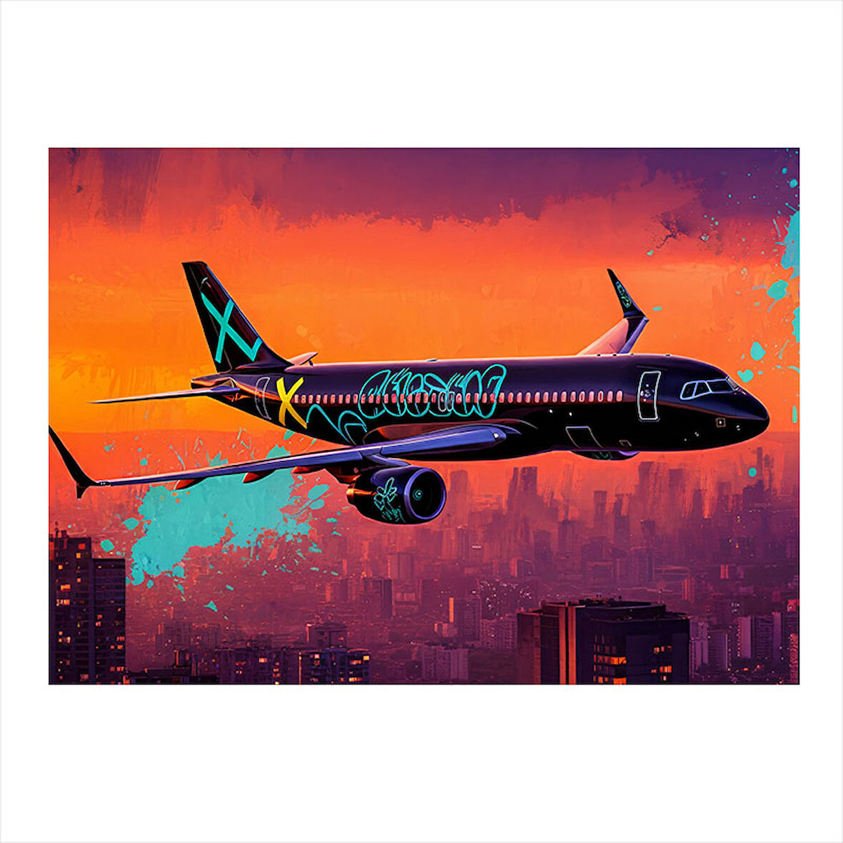 Şehirde Uçan Yolcu Uçağı Desenli Mdf Tablo 25cmX 35cm