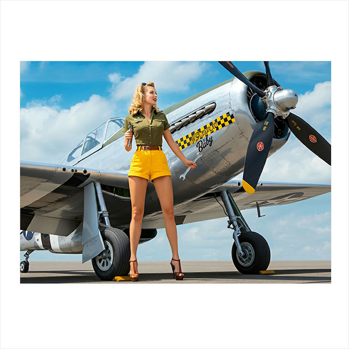 Kadın Ve Savaş Uçağı Desenli Mdf Tablo 25cmX 35cm