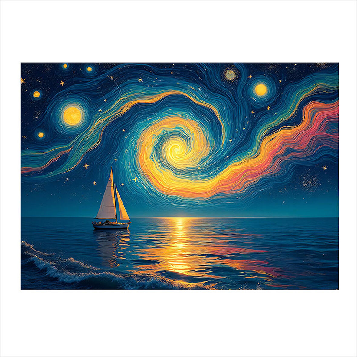 Kozmik Manzara Ve Yelkenli Modern Ahşap Tablo 25cmX 35cm