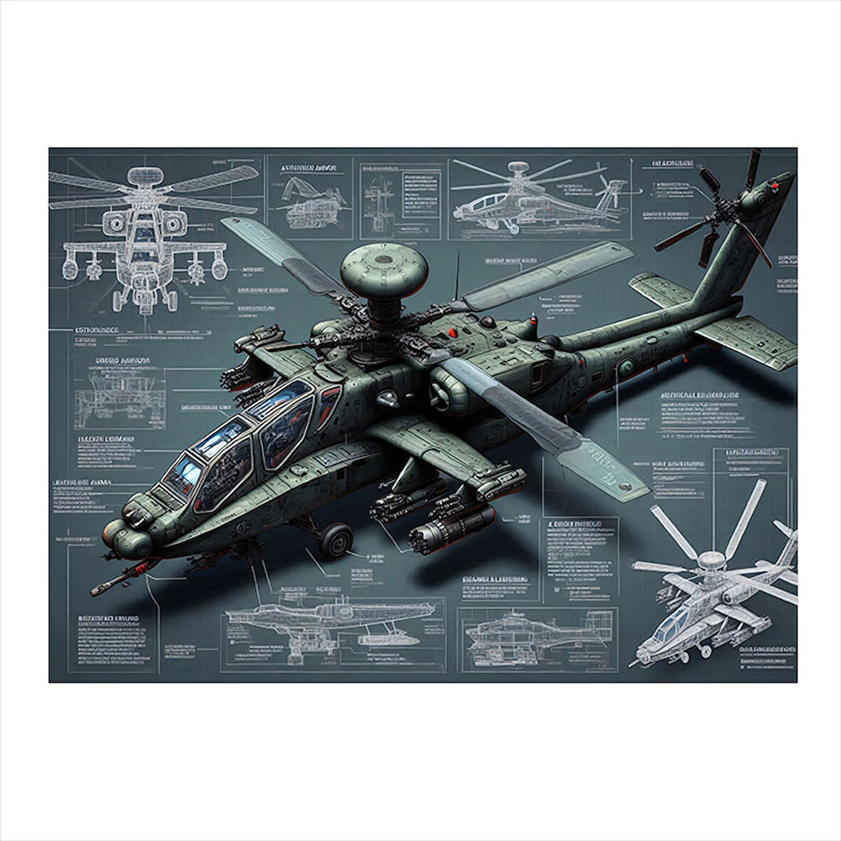 Teknik Askeri Helikopter Çizimi Hediyelik Mdf Tablo 50cmX 70cm