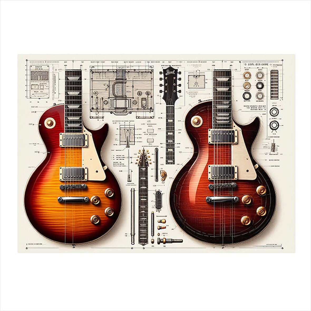 Çift Elektro Gitar Planı Hediyelik Ahşap Tablo 50cmX 70cm