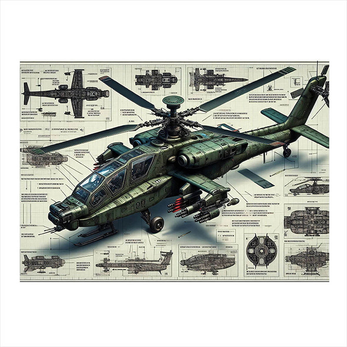 Teknik Apachie Helikopter Çizimi Model Mdf tablo 25cmX 35cm
