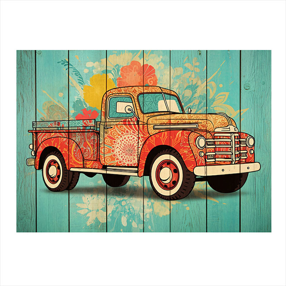 Nostaljik Kırmızı Kamyonet Dekoratif Mdf Tablo 35cm X50cm