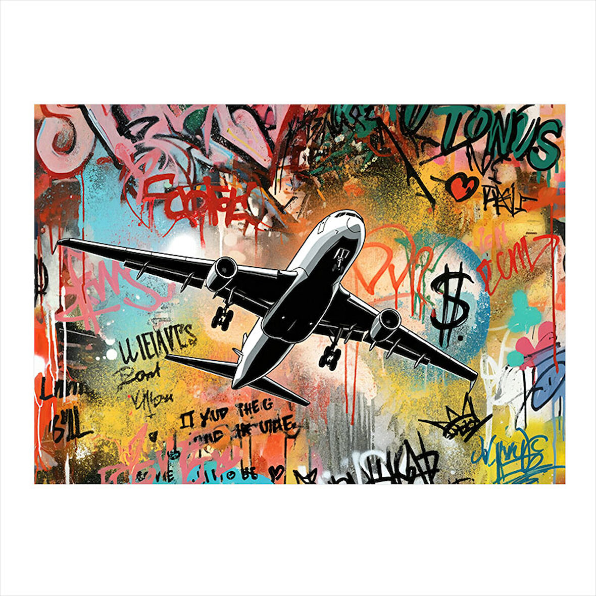 Grafitili Uçak İllüstrasyonu Art Mdf Tablo 25cmX 35cm