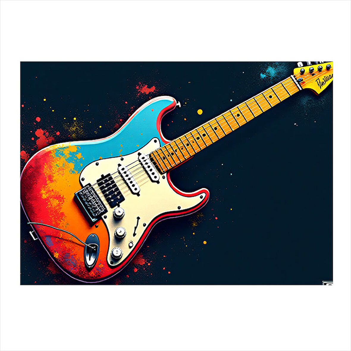 Renkli Elektro Gitar Çizimi Hediyelik Ahşap Tablo 25cmX 35cm