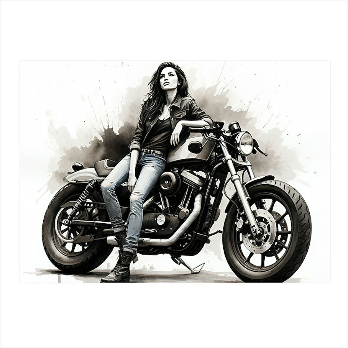 Siyah Beyaz Motosiklet Portresi Hediyelik Ahşap Tablo 25cmX 35cm