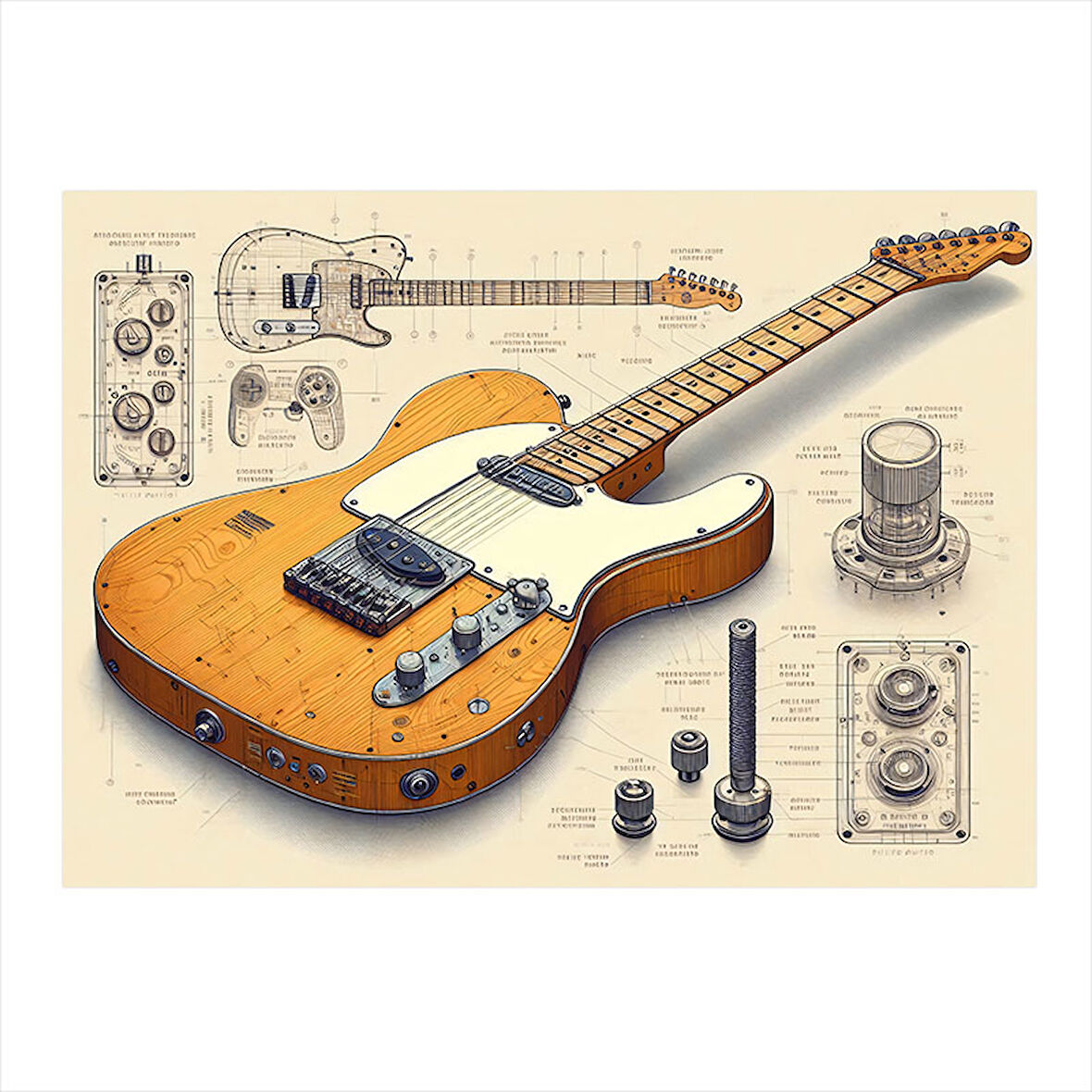 Elektro Gitar Teknik Çizimi Hediyelik Ahşap Tablo 35cm X50cm