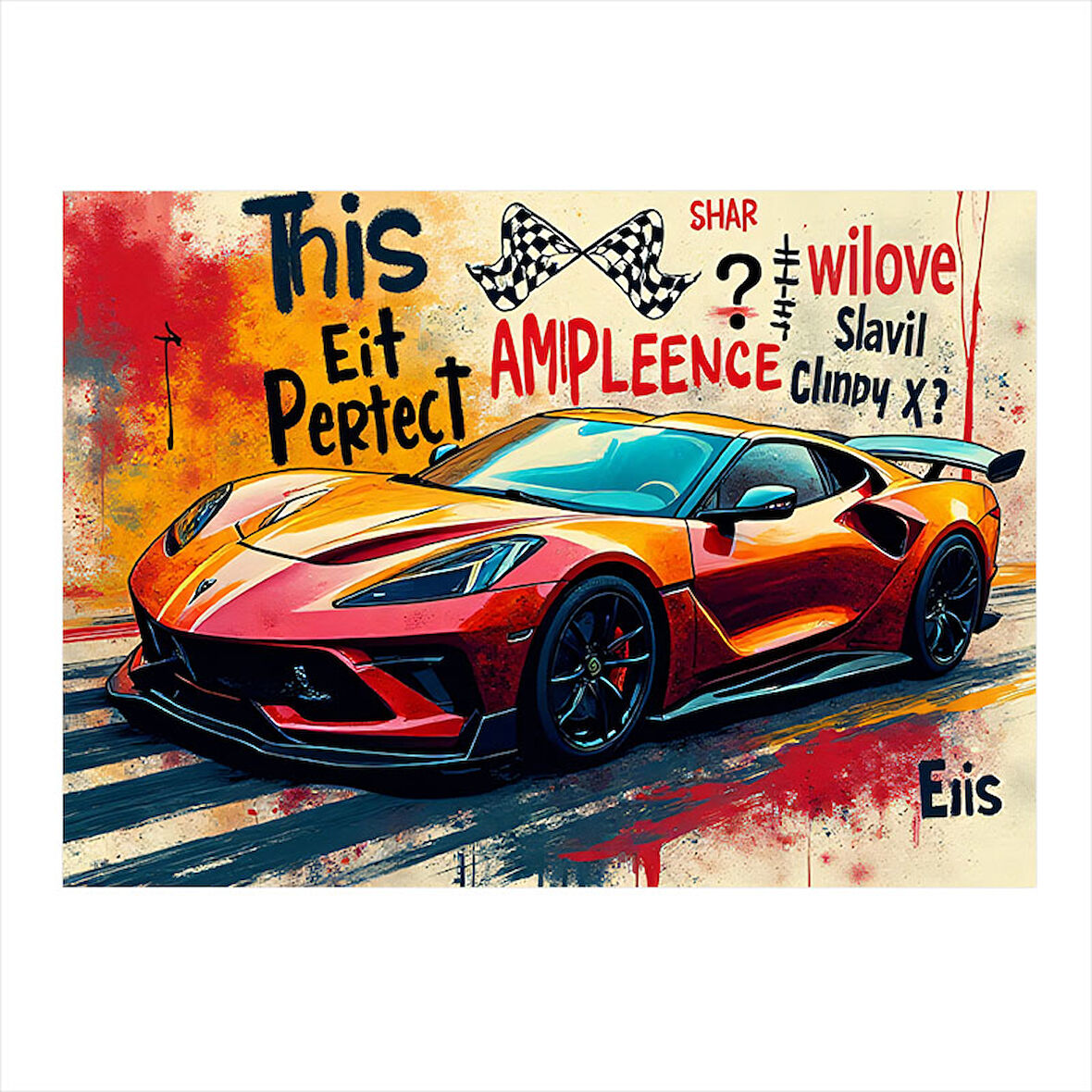 Grafitili Kırmızı Spor Araba Dekoratif Mdf Tablo 35cm X50cm