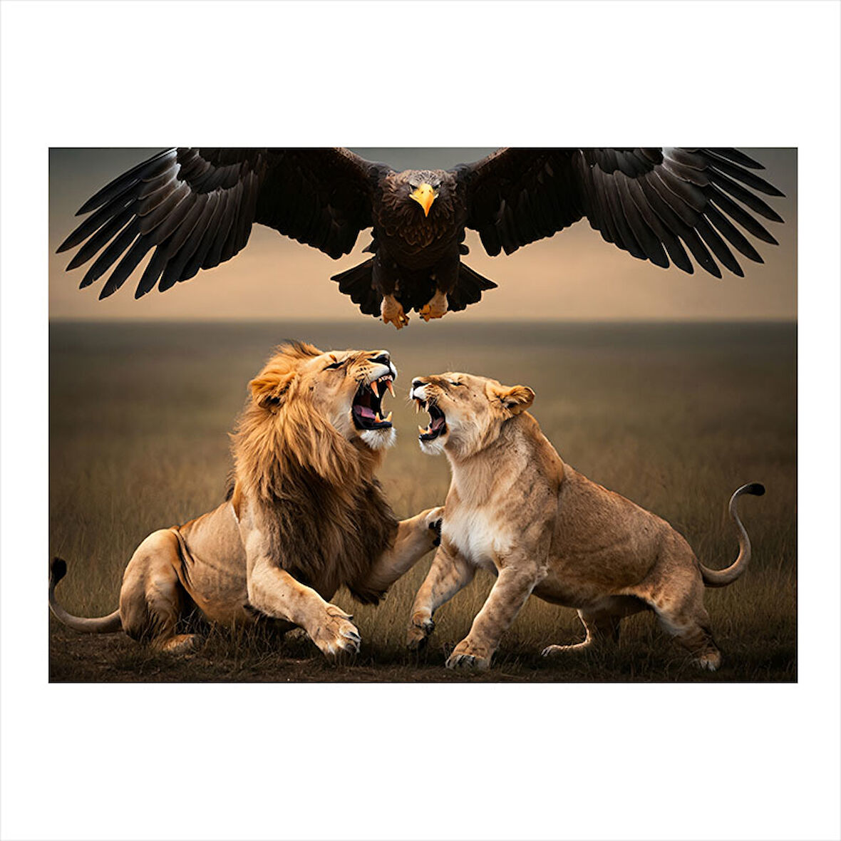 Kavga Yapan Aslanlar Ve Kartallar Dekoratif ahşap Tablo 25cmX 35cm
