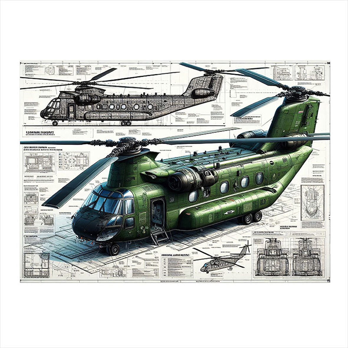 Teknik Çift Pervaneli Helikopter Çizimi Tasarım Mdf Tablo 35cm X50cm