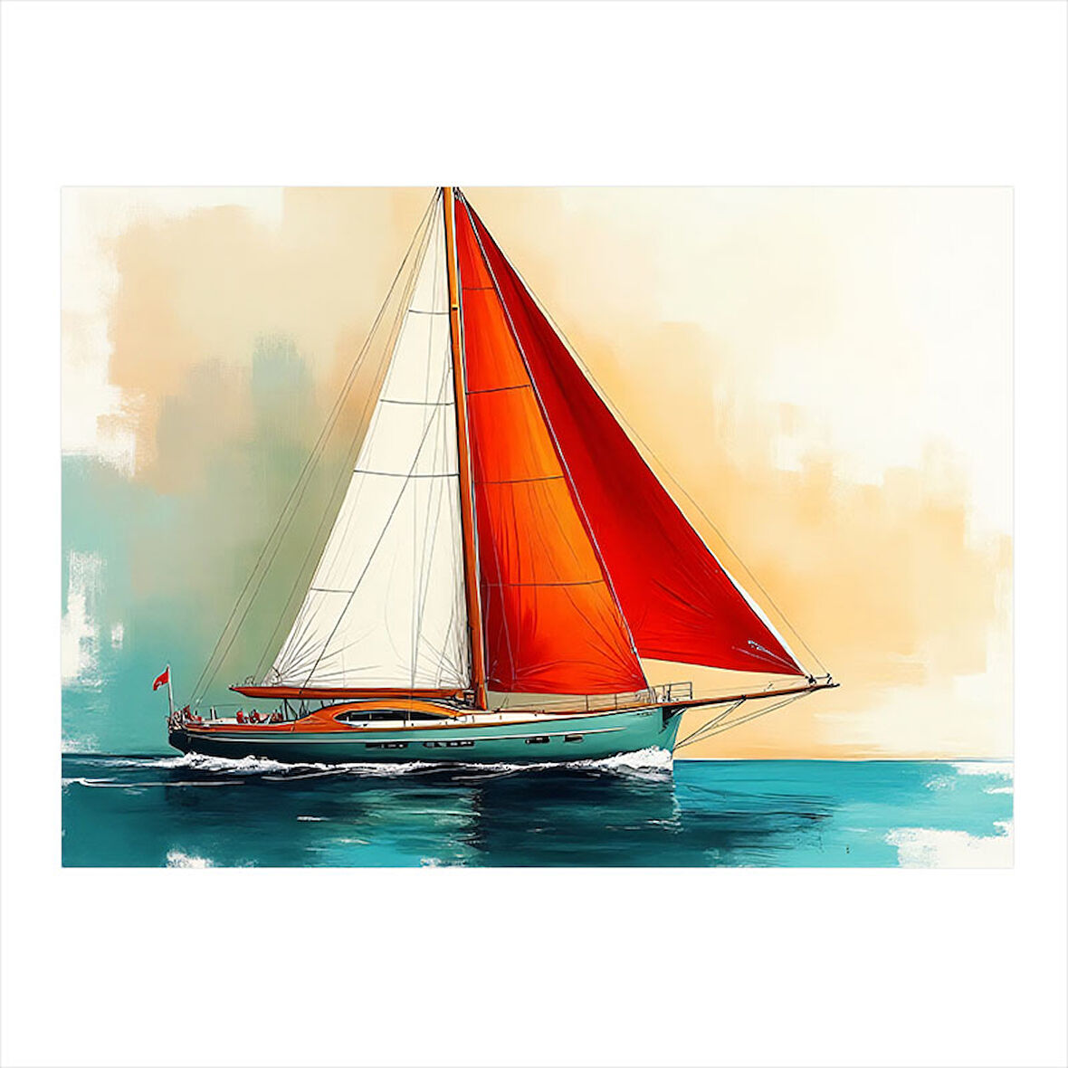 Kırmızı Yelkenli Tekne Dekoratif Mdf Tablo 35cm X50cm