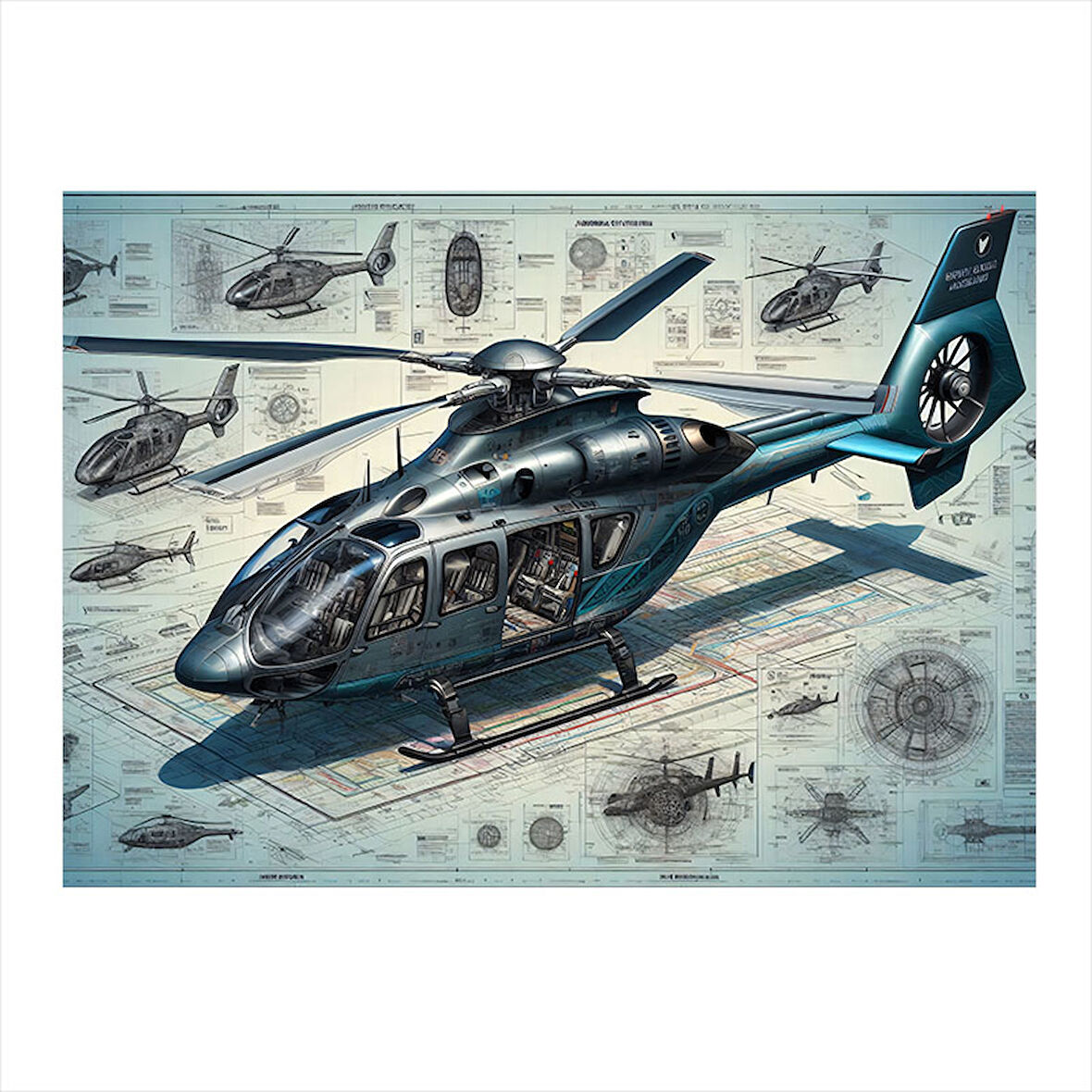 Teknik Helikopter Çizimi Model Ahşap Tablo 25cmX 35cm