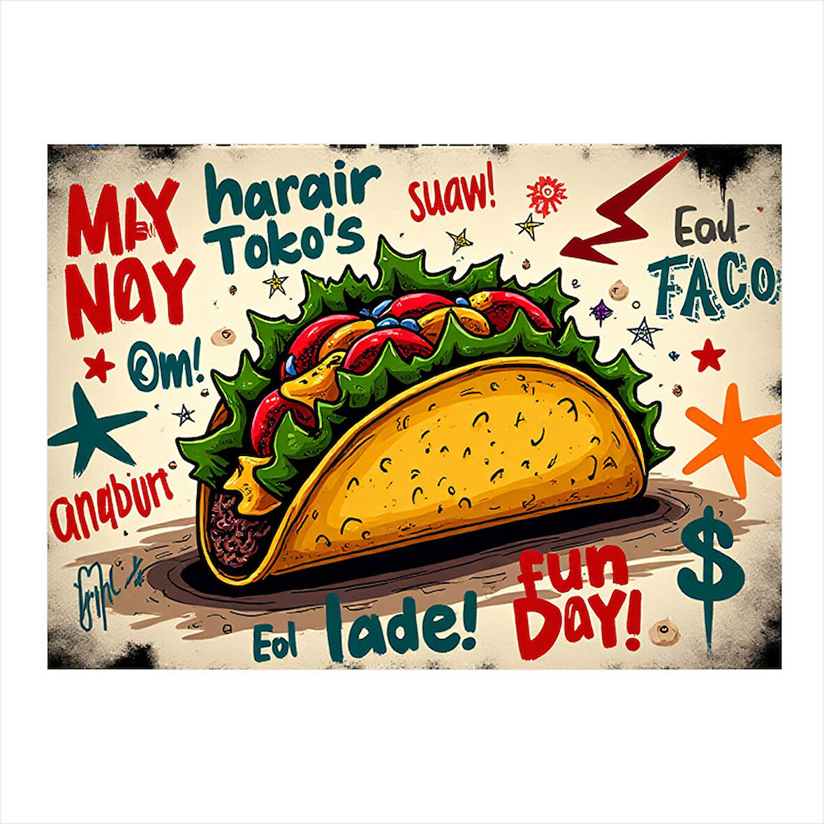 Çizgi Roman Tarzı Taco İllüstrasyonu Desenli Ahşap Tablo 50cmX 70cm