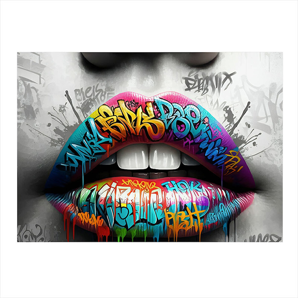 Renkli Grafitili Dudak İllüstrasyonu Mdf poster 35cm X50cm