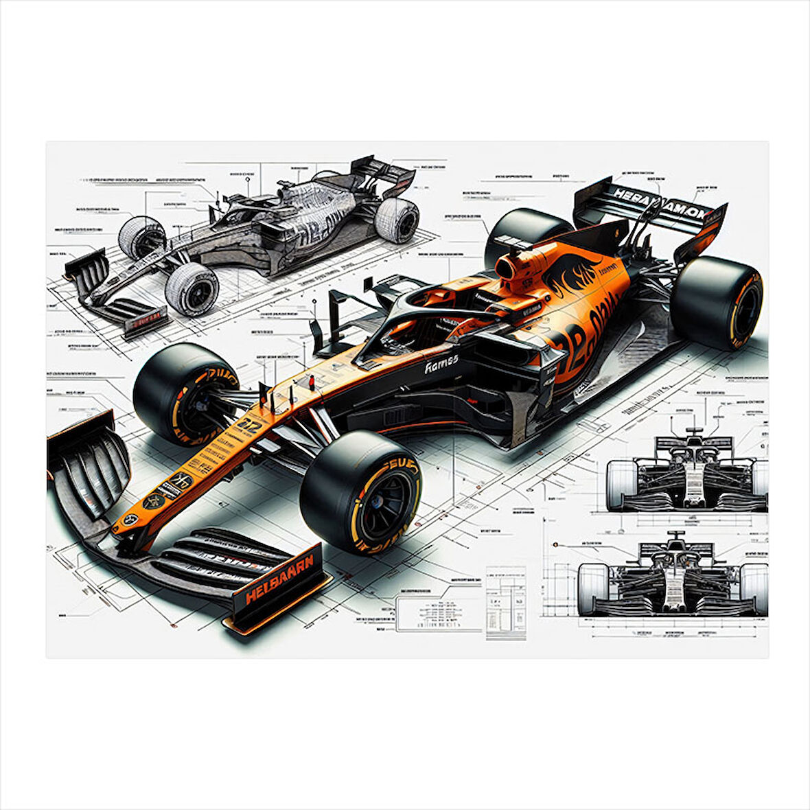 Formula 1 Teknik Çizimi Desenli Ahşap Tablo 50cmX 70cm