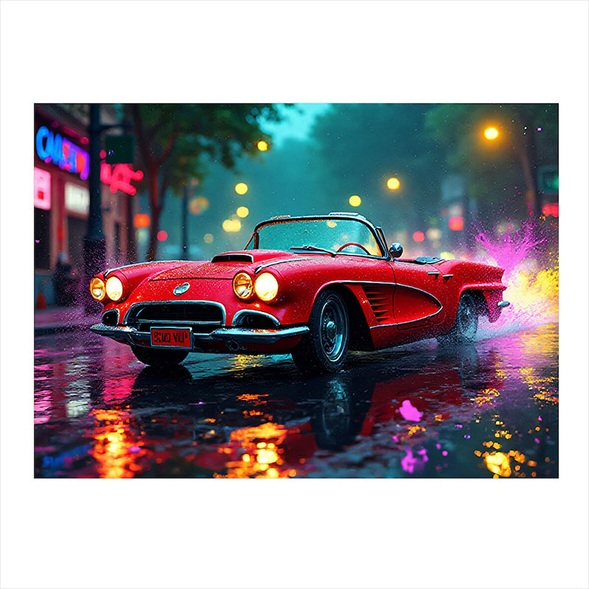 Kırmızı Klasik Spor Araba Gece Dekoratif Mdf Tablo 25cmX 35cm